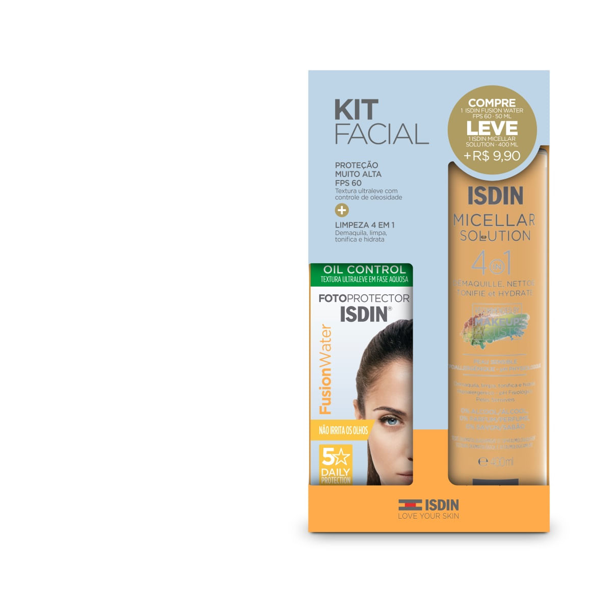 Kit Facial Isdin Fusion Water E Micellar + Protetor Solar Facilal Sem Cor Fps50 — Isdin | Farmácia Resyla