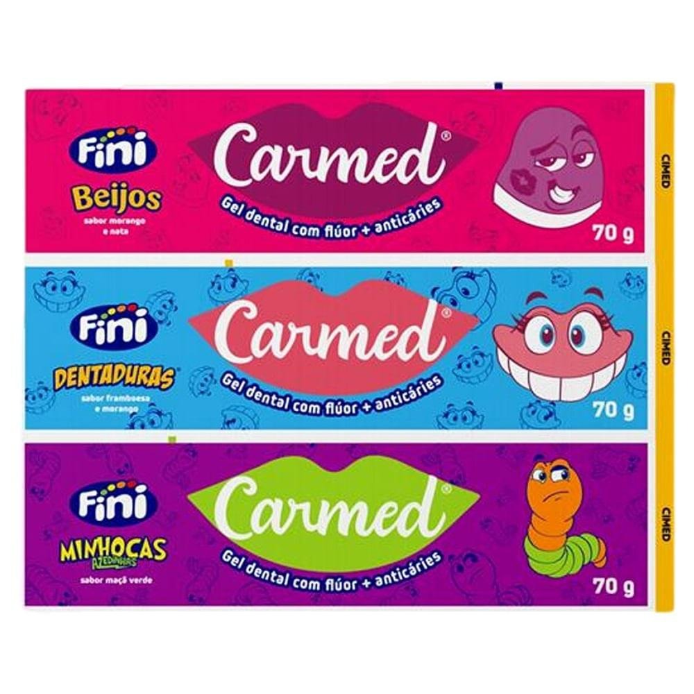 Kit Gel Dental Infantil Carmed Fini Minhocas Azedinhas Maçã-Verde + Dentaduras Framboesa E Morango + Beijos Morango E Nata Anticáries Com Flúor 70g — Carmed | Farmácia Resyla