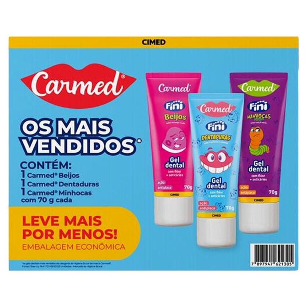 Kit Gel Dental Infantil Carmed Fini Minhocas Azedinhas Maçã-Verde + Dentaduras Framboesa E Morango + Beijos Morango E Nata Anticáries Com Flúor 70g — imagem 2 | Farmácia Resyla