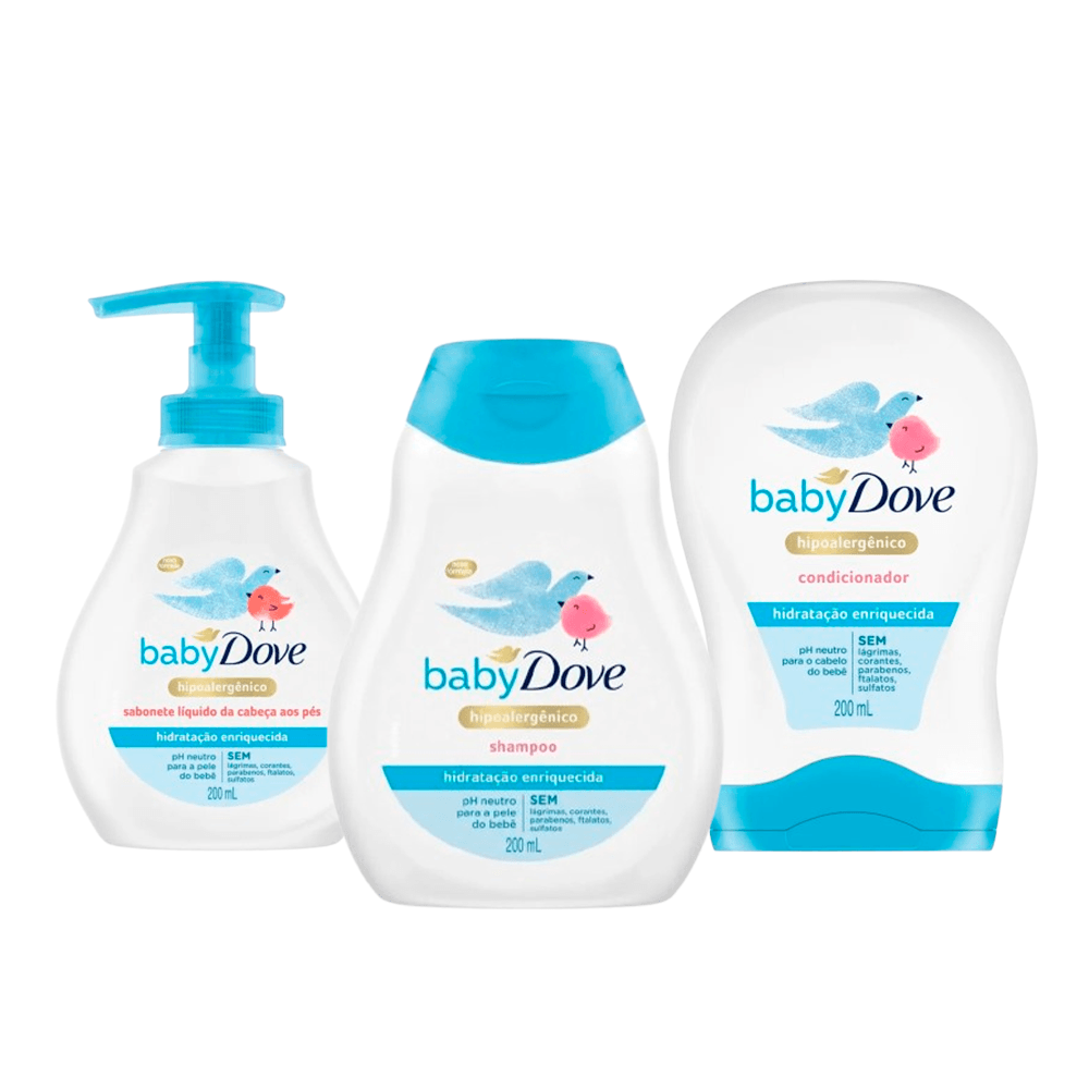 Kit Infantil Dove Hidratação Sabonete Líquido 200ml + Shampoo 200ml + Condicionador 200ml — Dove | Farmácia Resyla