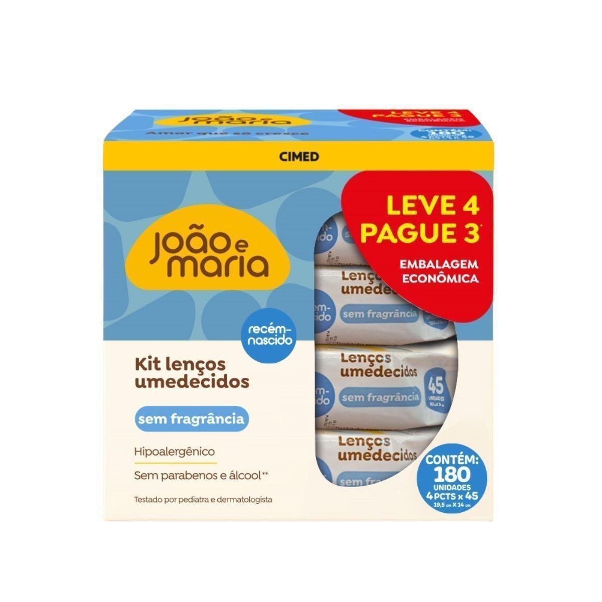 Kit Lenço Umedecido João E Maria Recém-Nascido Sem Fragrância Com Glicerina E Aloe Vera 4 Un Com 45 Folhas Cada Leve 4 Pague 3 Unidades — João e Maria | Farmácia Resyla