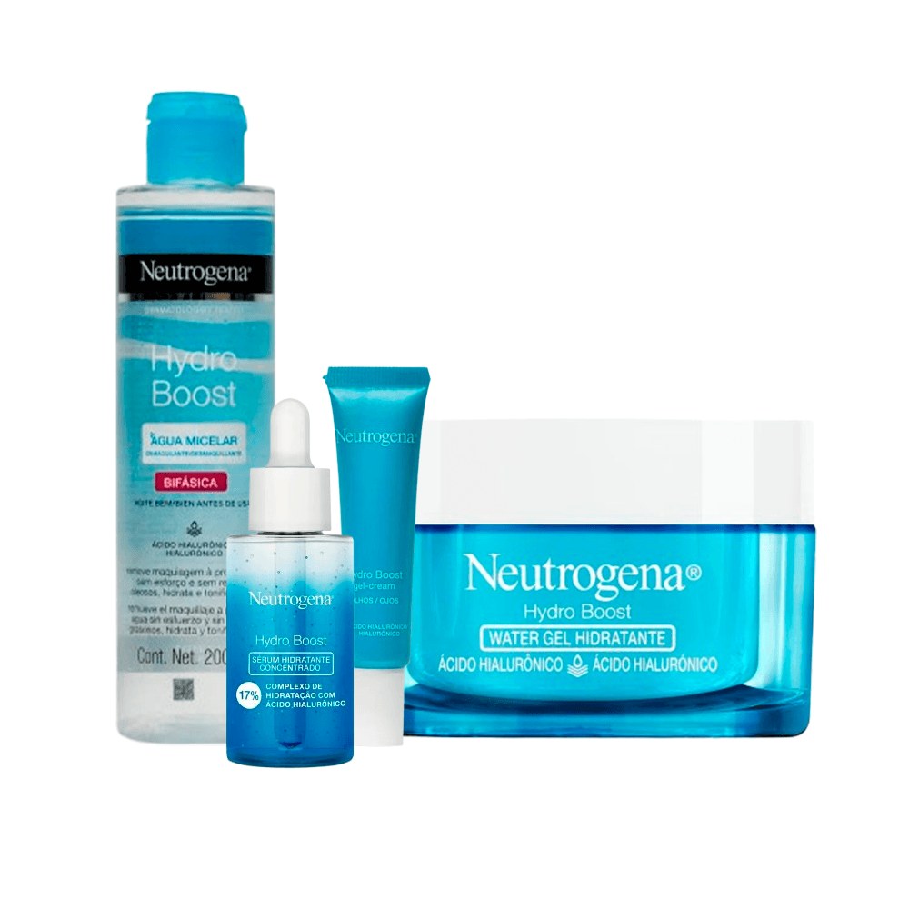 Kit Neutrogena Hidratante Facial 50g + Creme para o Contorno dos Olhos 50g + Sérum Facial com Ácido Hialurônico 30ml + Água Micelar 200ml — Neutrogena | Farmácia Resyla