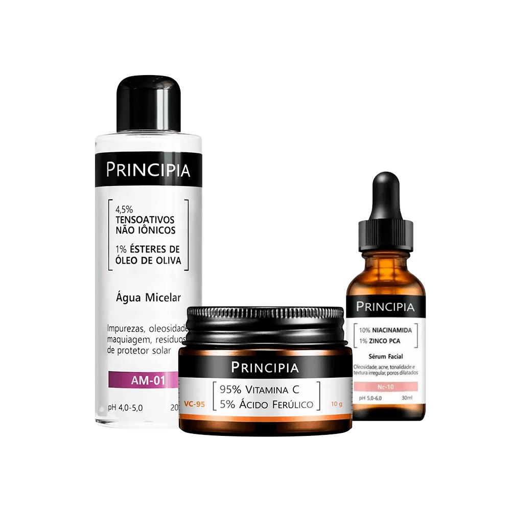 Kit Principia Água Micelar Am-01 200ml + Tratamento Facial em Pó 10g + Sérum Principia NC-10 30ml — Principia | Farmácia Resyla