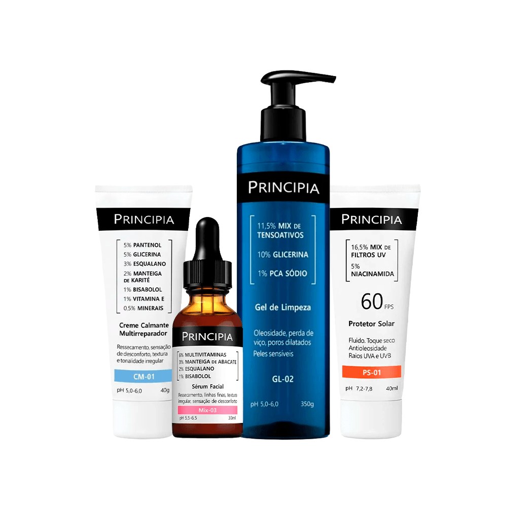 Kit Principia Creme Facial CM-01 40g Gel de Limpeza Facial GL-02 350g + Sérum Facial Mix-03 30ml + Protetor Solar FPS60 40ml — Principia | Farmácia Resyla