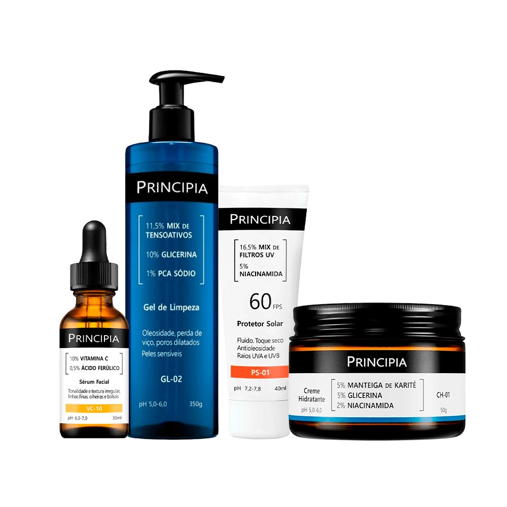 Kit Principia Creme Hidratante 50g + Sérum Facial 30ml + Gel de Limpeza Facial 350g + Protetor Solar FPS60 40ml — Principia | Farmácia Resyla