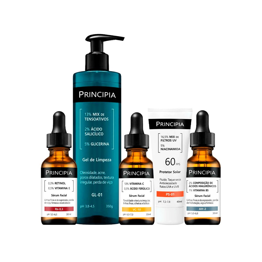 Kit Principia Gel de Limpeza Facial 350ml + Sérum Vitamina B5 30ml + Sérum Vitamina C 30ml + Sérum Vitamina E 30ml + Protetor Solar FPS60 40ml — Principia | Farmácia Resyla