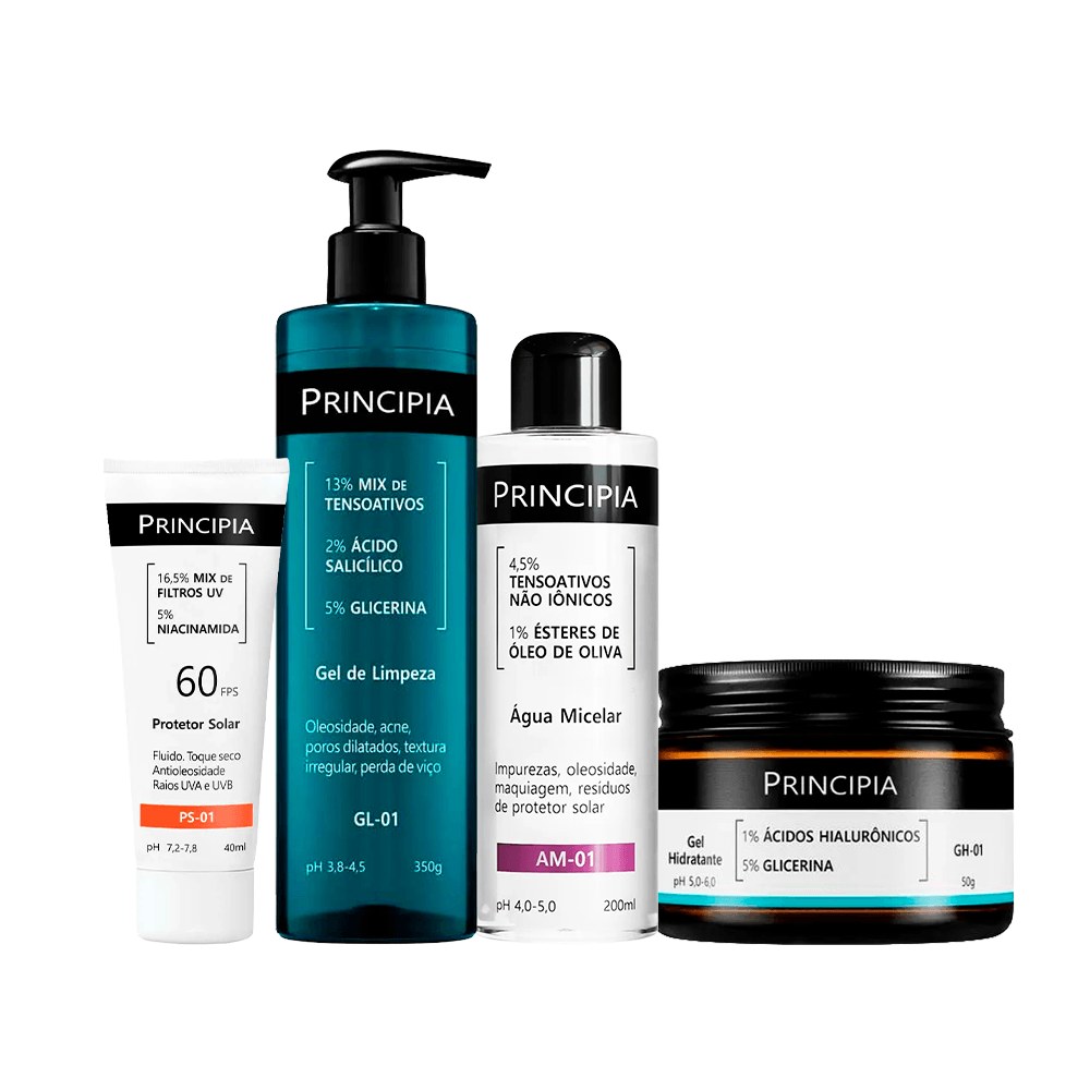 Kit Principia Gel de Limpeza Facial GL-01 350ml + Água Micelar Am-01 200ml + Gel Hidratante Gh-01 50g + Protetor Solar PS-01 FPS60 40ml — Principia | Farmácia Resyla