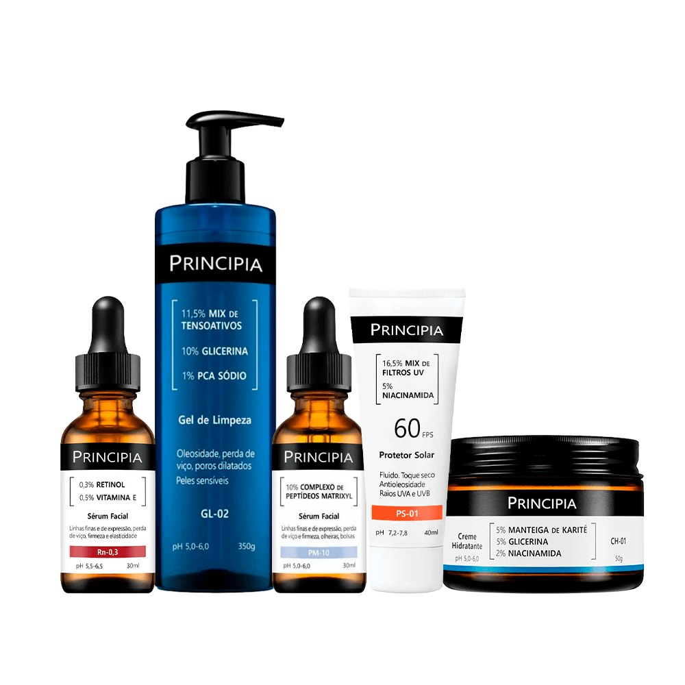 Kit Principia Gel de Limpeza Facial GL-02 350g + Creme Hidratante Ch-01 50g + Sérum Vitamina E 30ml + Sérum 30ml + Protetor Solar PS-01 FPS60 40ml — Principia | Farmácia Resyla