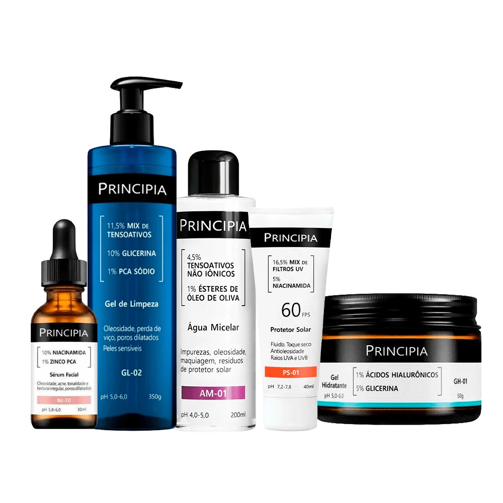 Kit Principia Gel de Limpeza Facial GL-02 350g + Gel Hidratante Gh-01 50g + Sérum 30ml + Água Micelar Am-01 200ml + Protetor Solar PS-01 FPS60 40ml — Principia | Farmácia Resyla