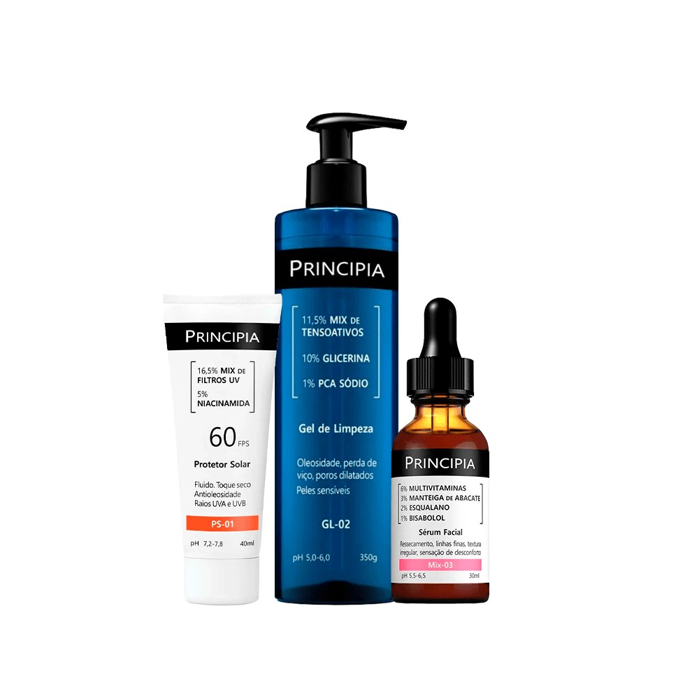 Kit Principia Gel de Limpeza GL-02 350g + Sérum Mix-03 30ml + Protetor Solar PS-01 FPS60 40ml — Principia | Farmácia Resyla