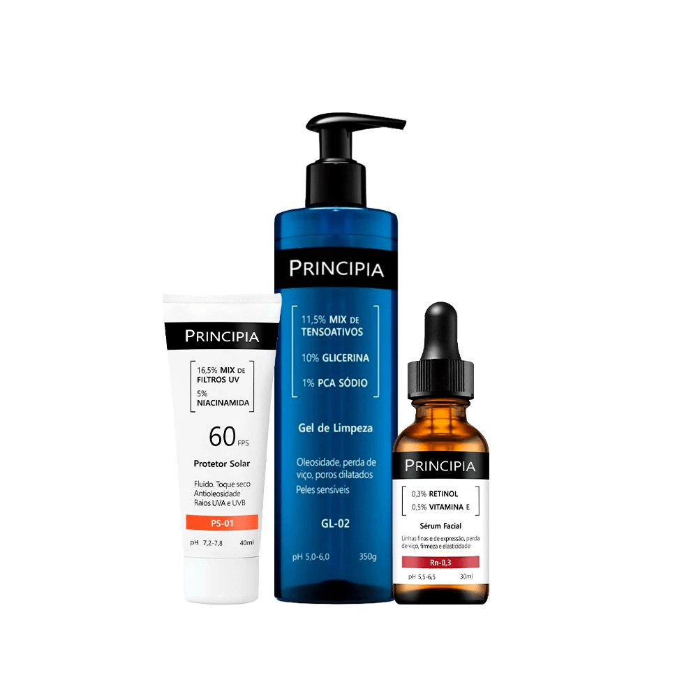 Kit Principia Gel de Limpeza GL-02 350g + Sérum Vitamina E 30ml + Protetor Solar PS-01 FPS60 40ml — Principia | Farmácia Resyla