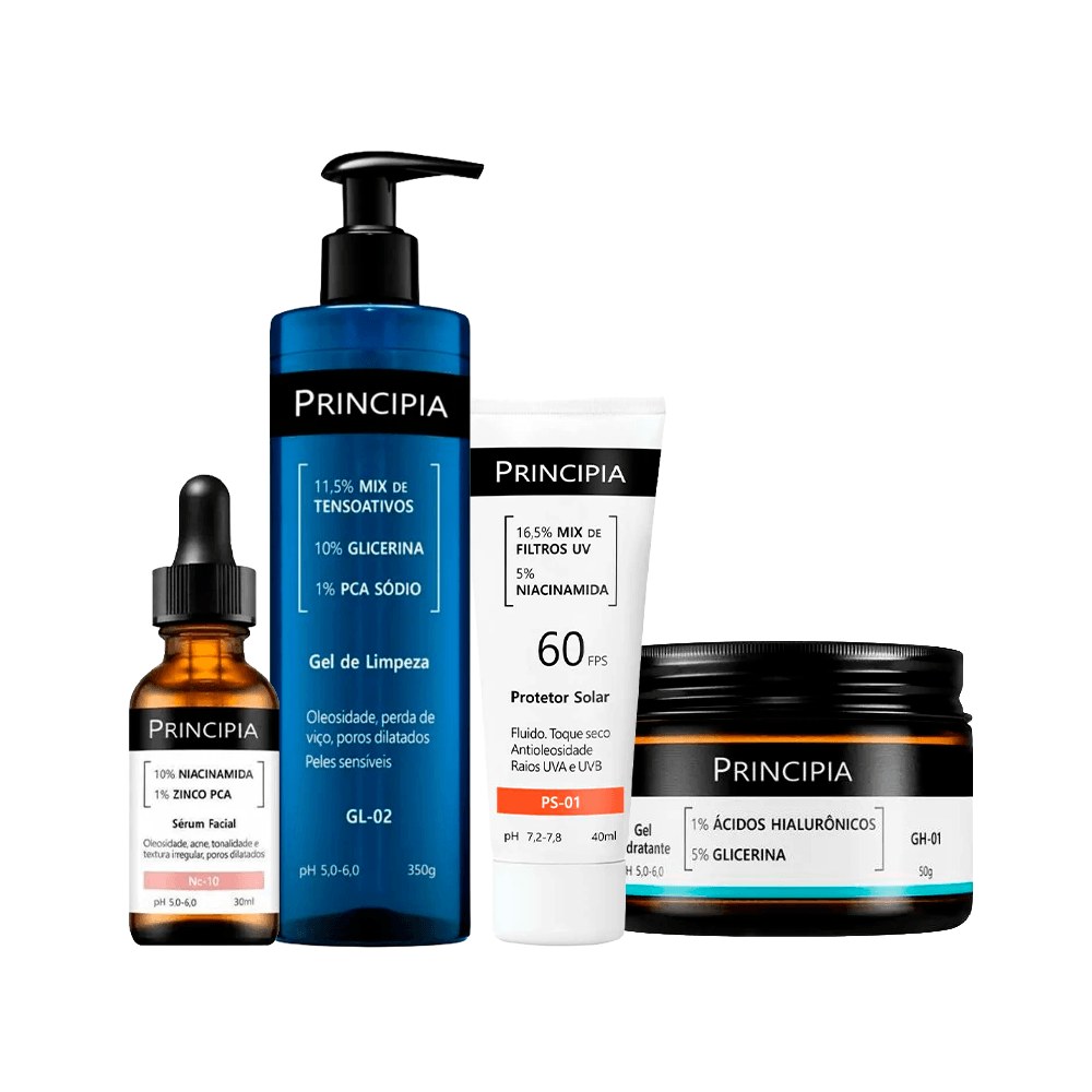 Kit Principia Gel Hidratante 50g + Sérum 30ml + Gel de Limpeza Facial 350g + Protetor Solar FPS60 40ml — Principia | Farmácia Resyla