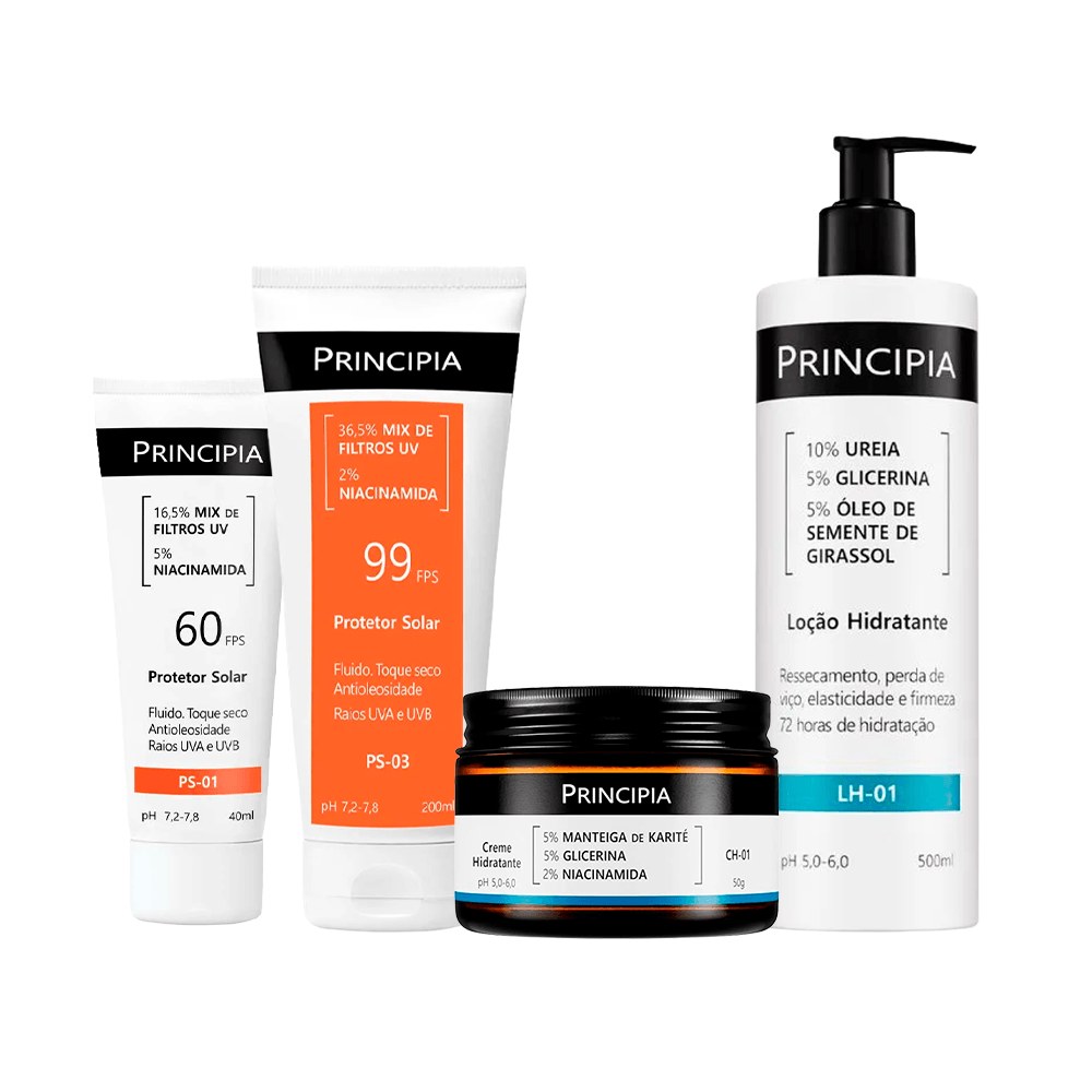 Kit Principia Loção Hidratante Lh-01 500ml + Creme Hidratante Ch-01 50g + Protetor Solar PS-01 FPS60 40ml + Protetor Solar FPS60 PS-03 200ml — Principia | Farmácia Resyla