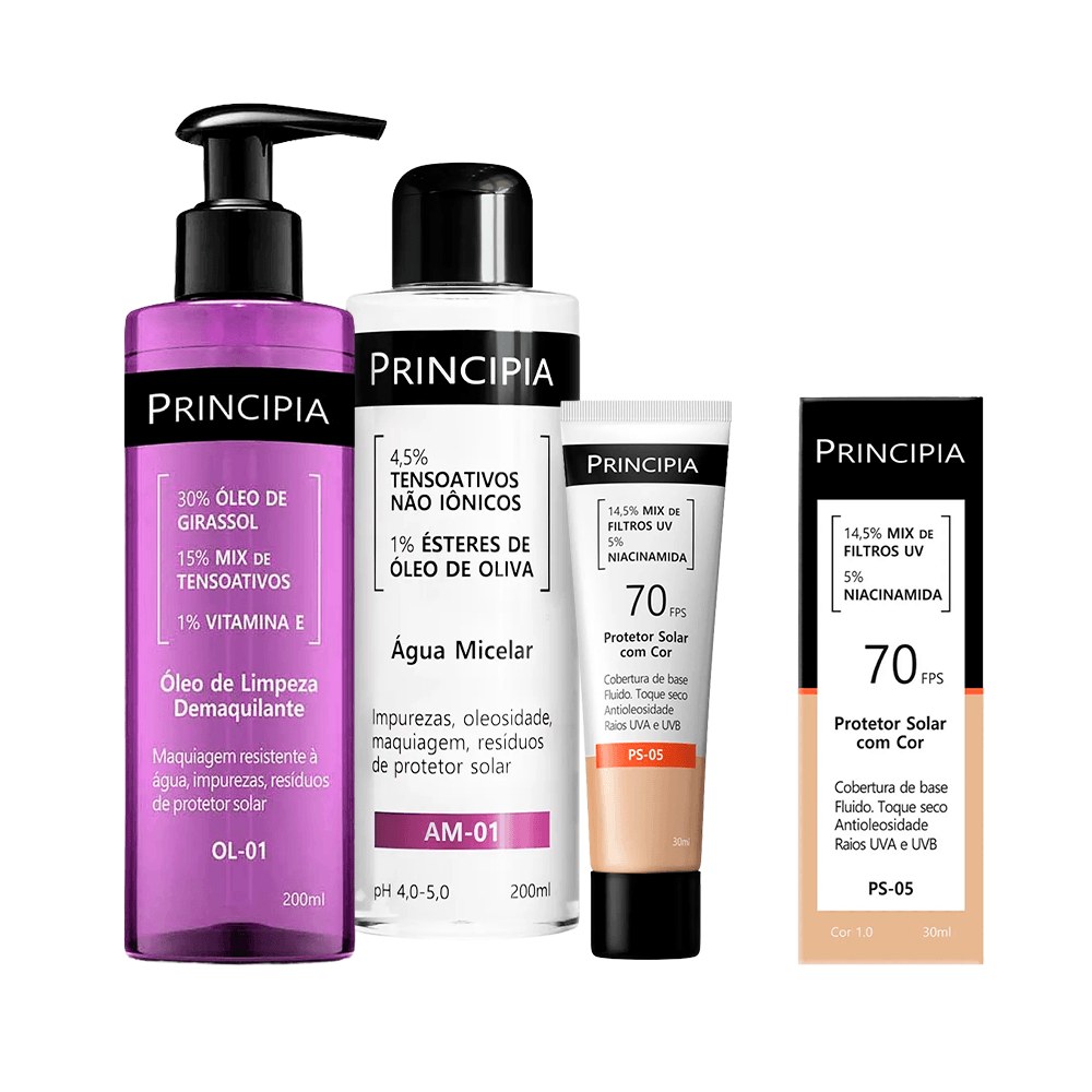 Kit Principia Protetor Solar Facial Ps-05 Cor 1.0 Fps70 30ml + Água Micelar Am-01 200ml + Óleo de Limpeza OL-01 Demaquilante 200ml — Principia | Farmácia Resyla