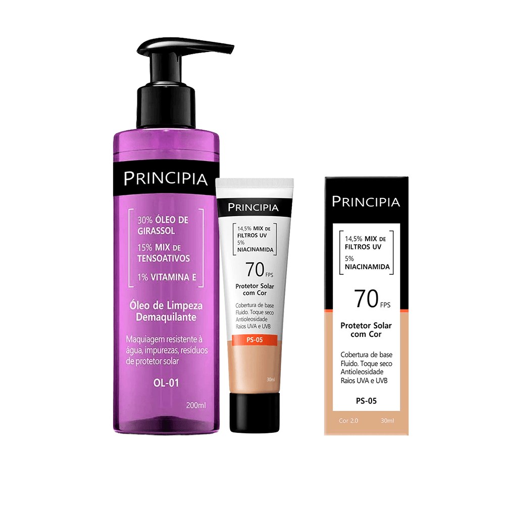 Kit Principia Protetor Solar Facial Ps-05 Cor 2.0 Fps60 30ml + Óleo de Limpeza OL-01 Demaquilante 200ml — Principia | Farmácia Resyla