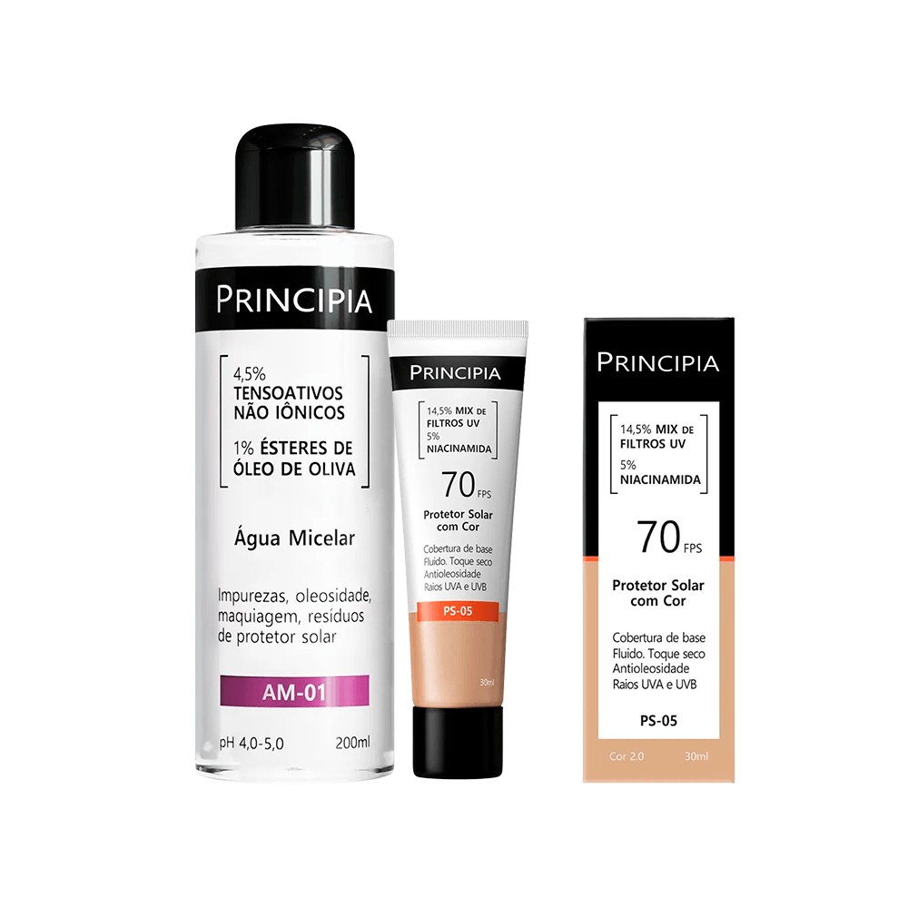 Kit Principia Protetor Solar Facial Ps-05 Cor 2.0 Fps60 30ml + Água Micelar Am-01 200ml — Principia | Farmácia Resyla