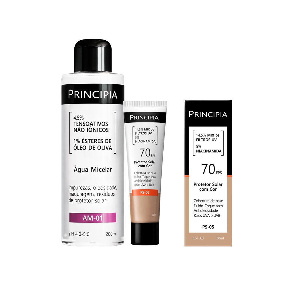 Kit Principia Protetor Solar Facial Ps-05 Cor 3.0 Fps60 30ml + Água Micelar Am-01 200ml — Principia | Farmácia Resyla