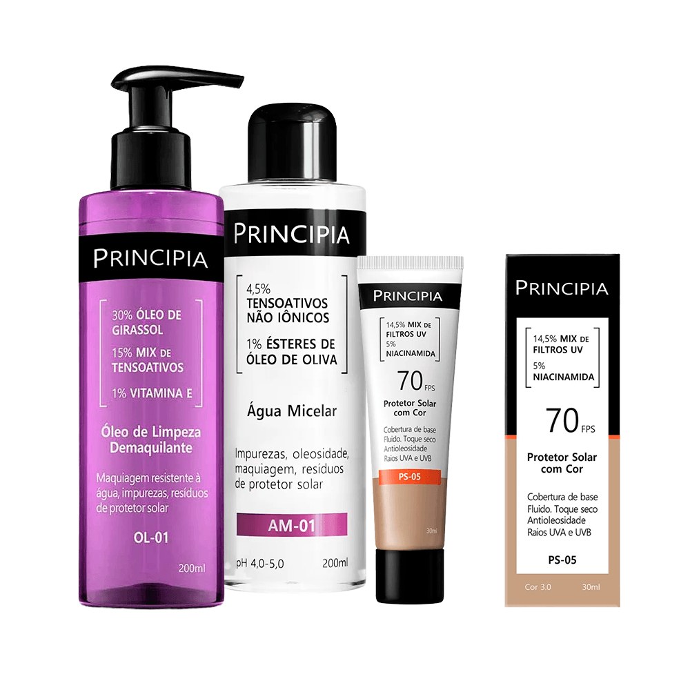 Kit Principia Protetor Solar Facial Ps-05 Cor 3.0 Fps70 30ml + Água Micelar Am-01 200ml + Óleo de Limpeza OL-01 Demaquilante 200ml — Principia | Farmácia Resyla