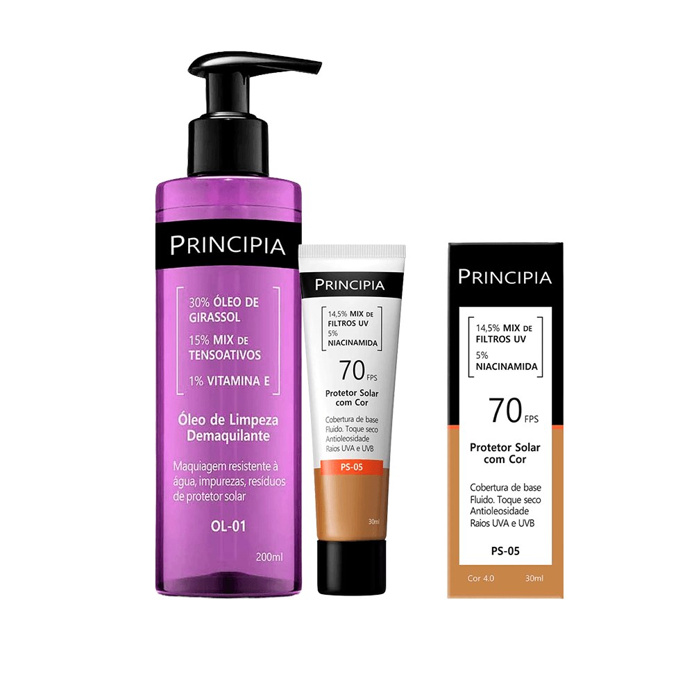 Kit Principia Protetor Solar Facial Ps-05 Cor 4.0 Fps60 30ml + Óleo de Limpeza OL-01 Demaquilante 200ml — Principia | Farmácia Resyla