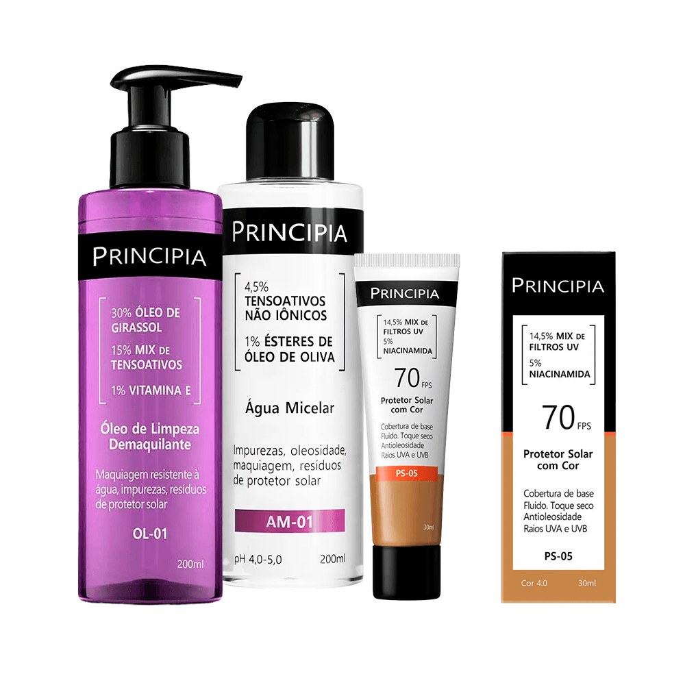 Kit Principia Protetor Solar Facial Ps-05 Cor 4.0 Fps70 30ml + Água Micelar Am-01 200ml + Óleo de Limpeza OL-01 Demaquilante 200ml — Principia | Farmácia Resyla