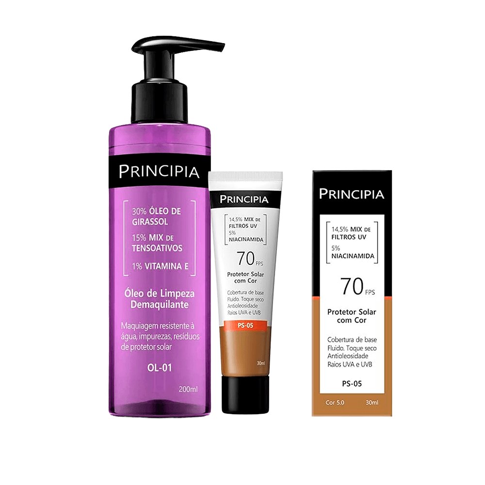 Kit Principia Protetor Solar Facial Ps-05 Cor 5.0 Fps60 30ml + Óleo de Limpeza OL-01 Demaquilante 200ml — Principia | Farmácia Resyla