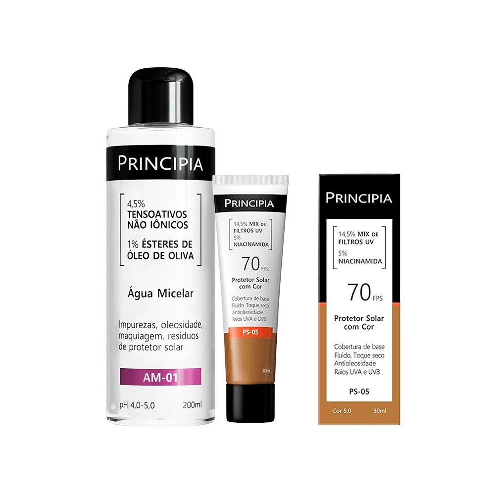 Kit Principia Protetor Solar Facial Ps-05 Cor 5.0 Fps70 30ml + Água Micelar Am-01 200ml — Principia | Farmácia Resyla