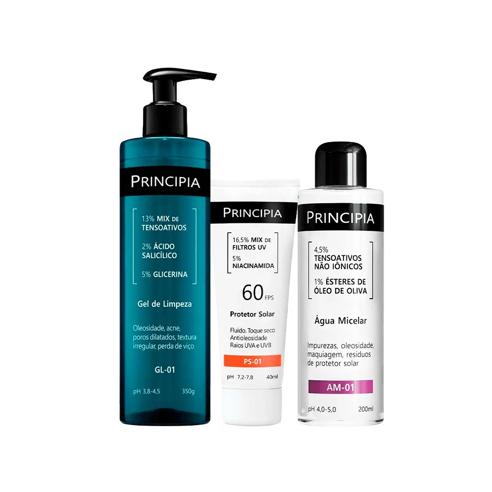 Kit Principia Protetor Solar FPS60 40ml + Água Micelar 200ml + Gel de Limpeza Facial 350ml — Principia | Farmácia Resyla