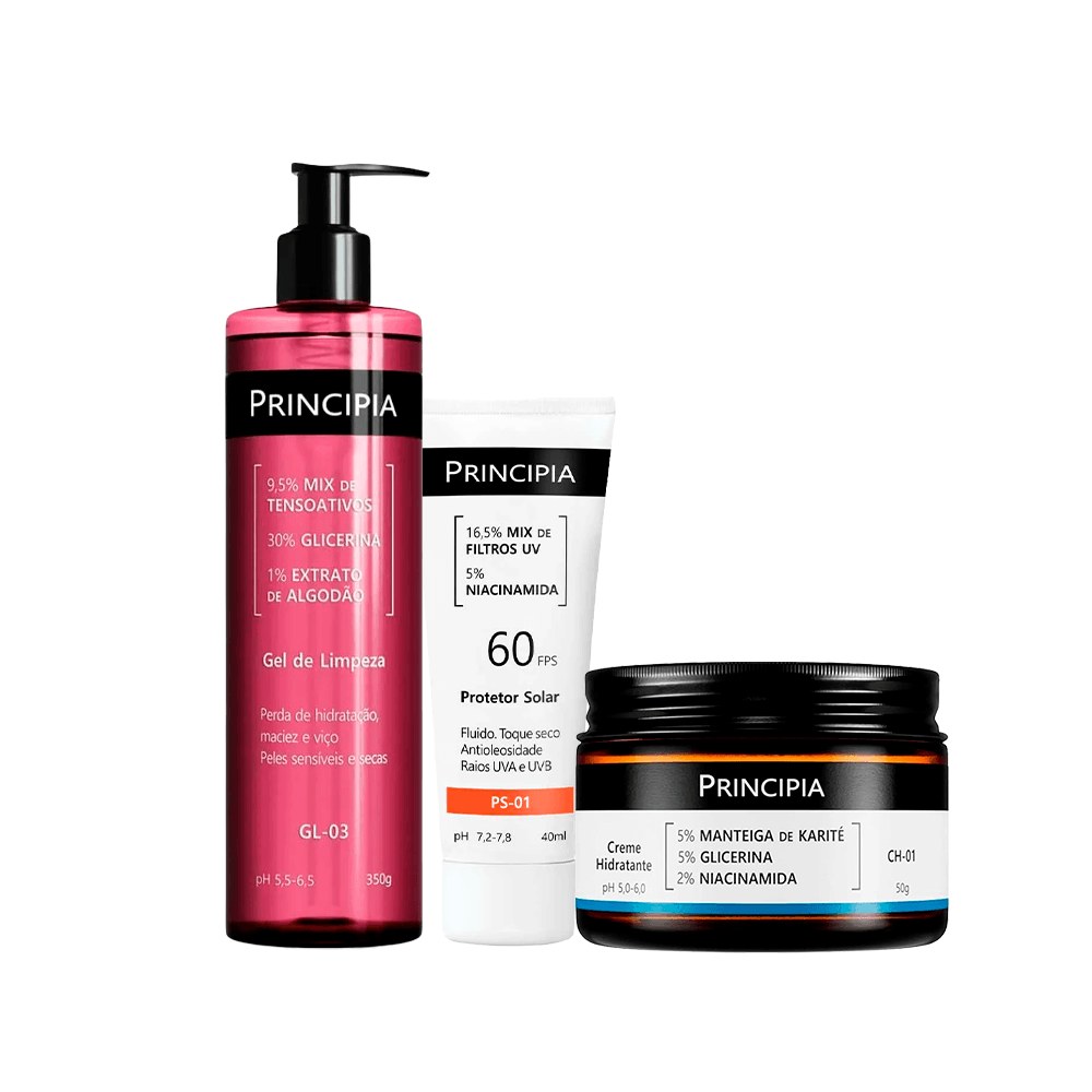 Kit Principia Protetor Solar FPS60 40ml + Gel De Limpeza Gl-03 350ml + Creme Hidratante Ch-01 50g — Principia | Farmácia Resyla