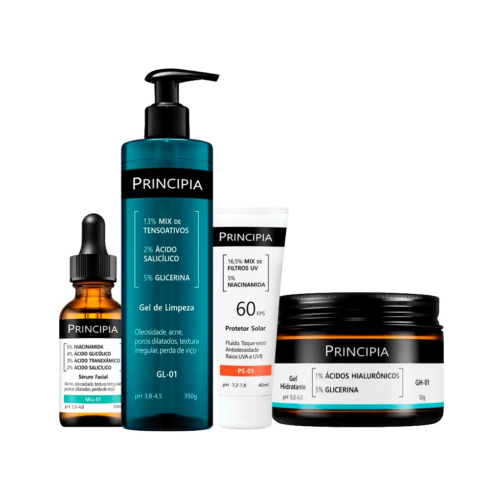 Kit Principia Sérum Facial 30ml + Gel Hidratante Skincare Gh-01 50g + Protetor Solar FPS60 40ml + Gel de Limpeza Facial 350ml — Principia | Farmácia Resyla