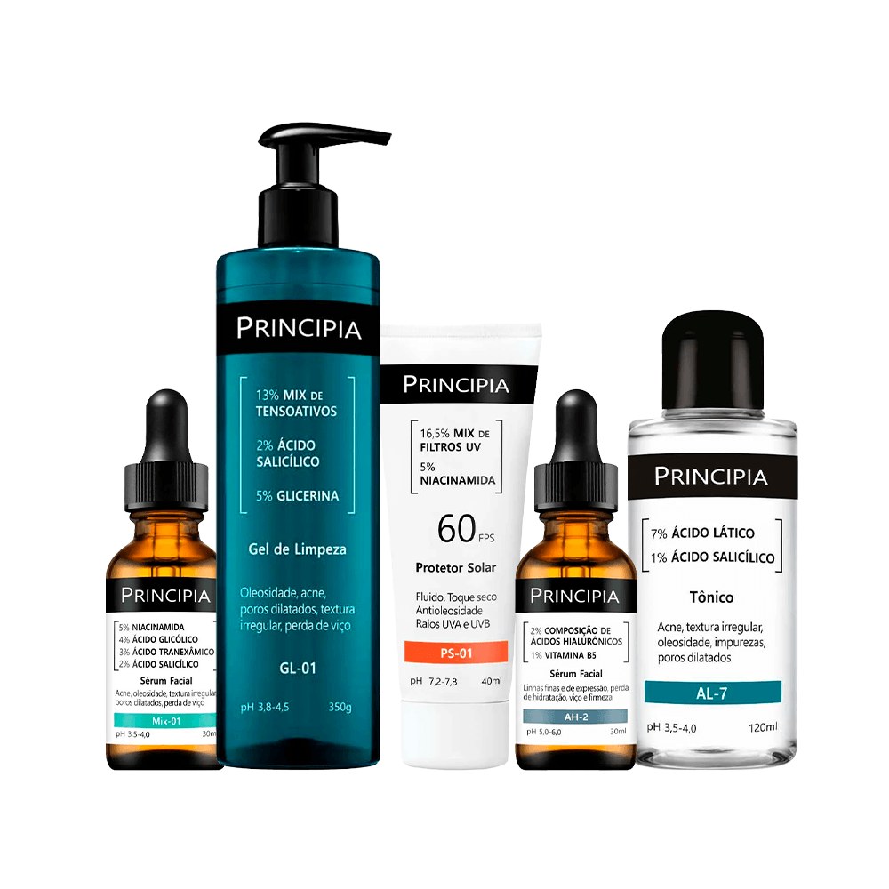 Kit Principia Sérum Facial Principia Mix-01 30ml + Sérum Facial B5 30ml + Tônico Facial 120ml + Protetor Solar FPS60 40ml + Gel Limpeza Facial 350ml — Principia | Farmácia Resyla
