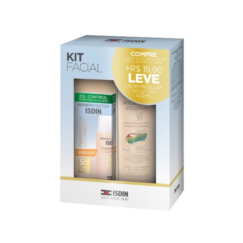 Kit Protetor Solar Facial ISDIN Fusion Water FPS50 Clara 50ml 1 Unidade + Solução Micelar ISDIN 4 em 1 400ml 1 Unidade — Isdin | Farmácia Resyla