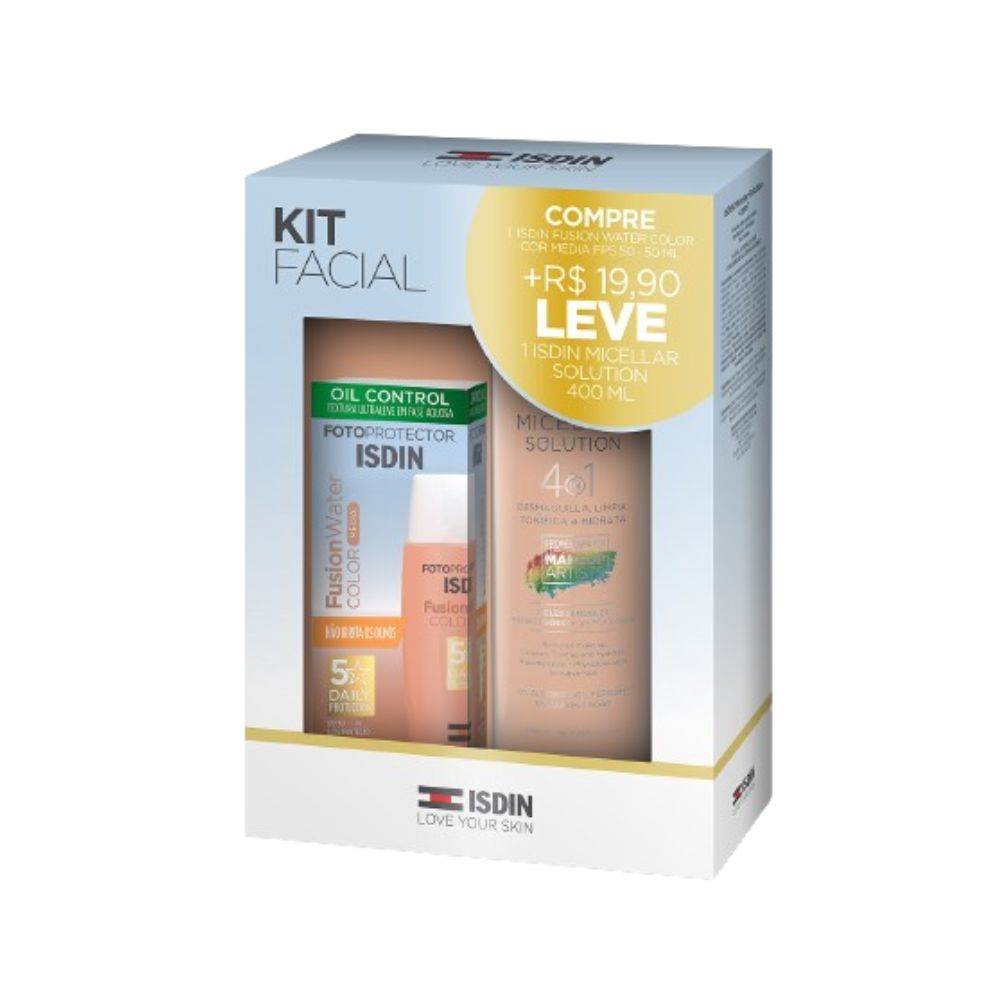 Kit Protetor Solar Facial ISDIN Fusion Water FPS50 Média 50ml 1 Unidade + Solução Micelar ISDIN 4 em 1 400ml 1 Unidade — Isdin | Farmácia Resyla