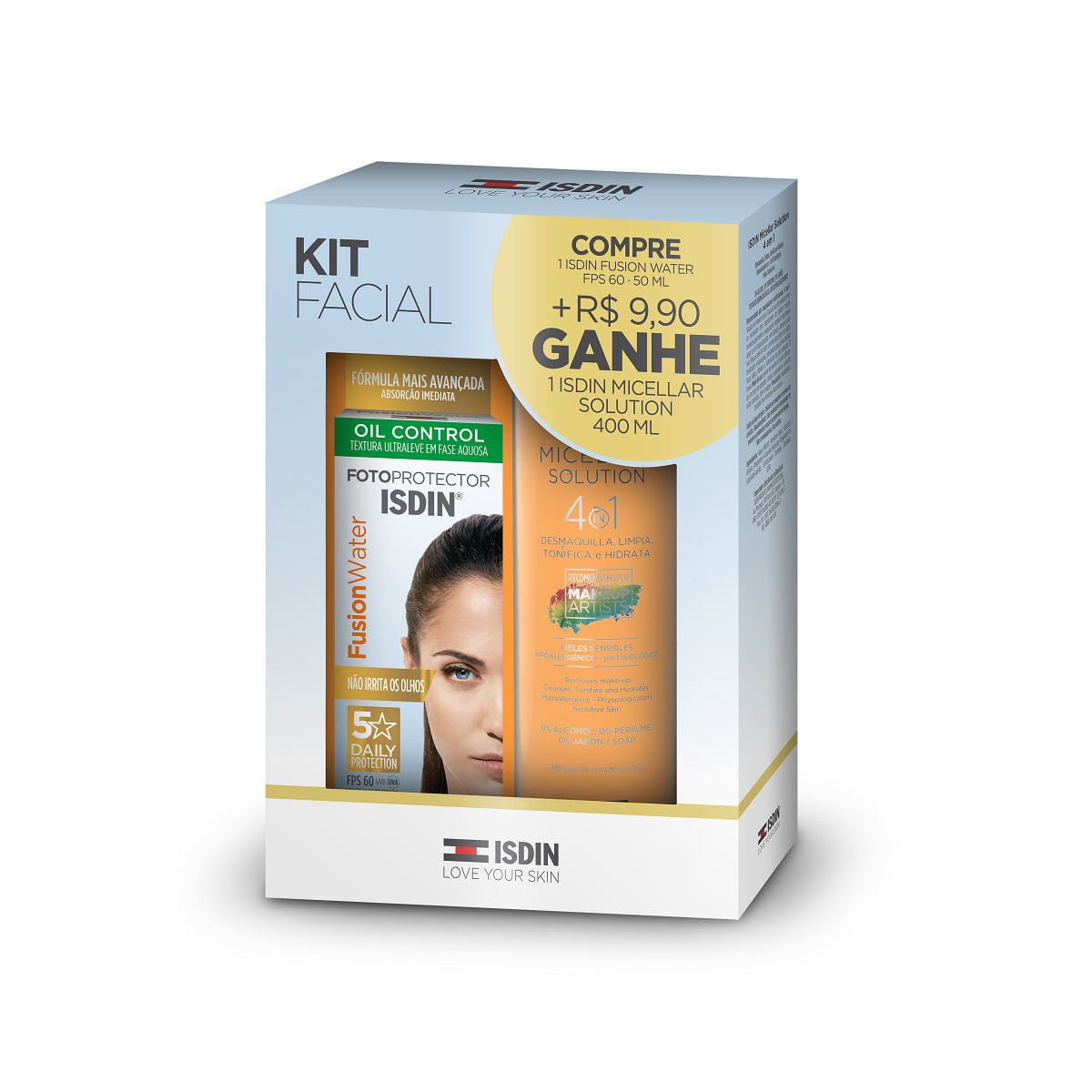 Kit Protetor Solar Facial ISDIN Fusion Water Oil Control FPS60 50ml 1 Unidade + Água Micelar ISDIN 4 em 1 400ml 1 Unidade — Isdin | Farmácia Resyla