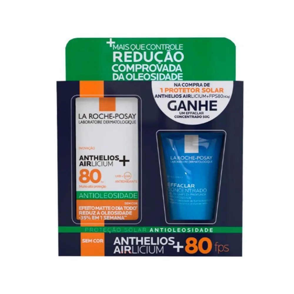 Kit Protetor Solar Facial La Roche-Posay Anthelios Airlicium+ FPS80 40g 1 Unidade + Gel de Limpeza Effaclar Concentrado 50g 1 Unidade — La Roche-Posay | Farmácia Resyla