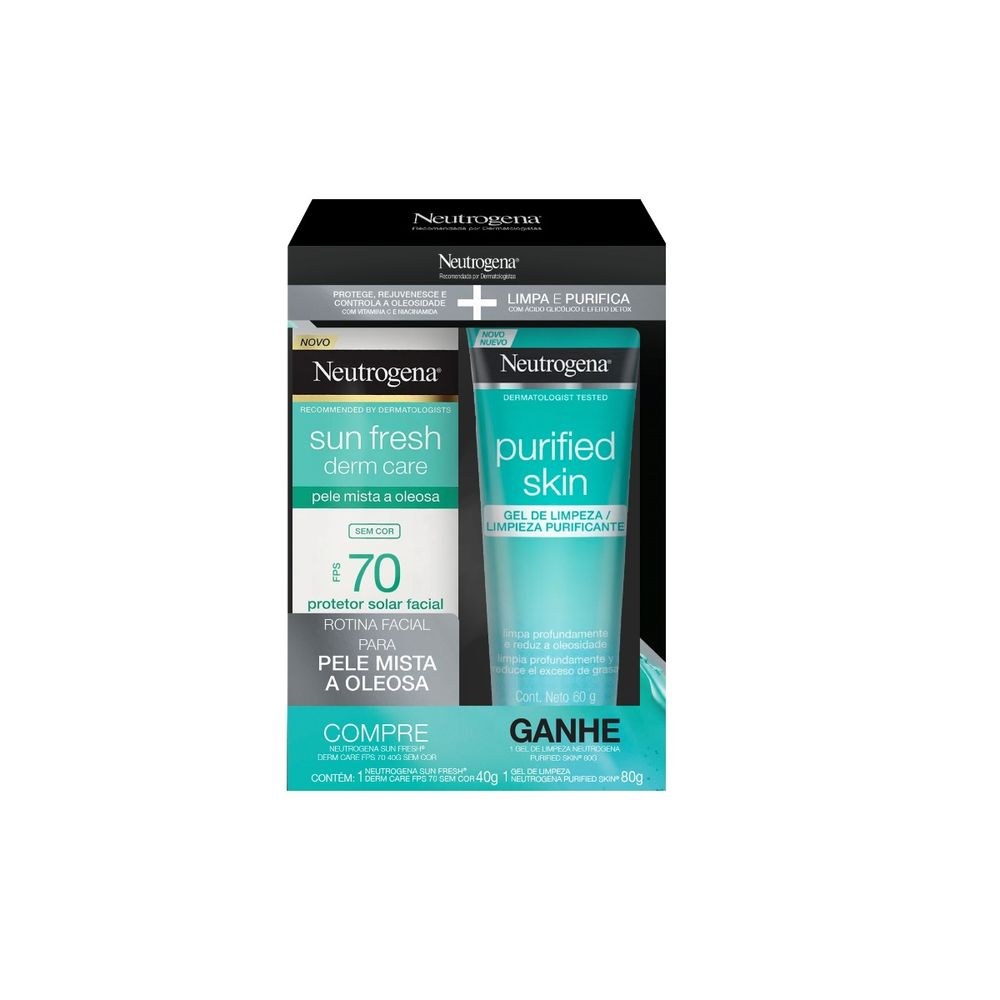 Kit Protetor Solar Facial Neutrogena Sun Fresh Derm Care FPS70 Sem Cor 40g 1 Unidade + Gel de Limpeza Neutrogena Purified Skin 60g 1 Unidade — Neutrogena | Farmácia Resyla