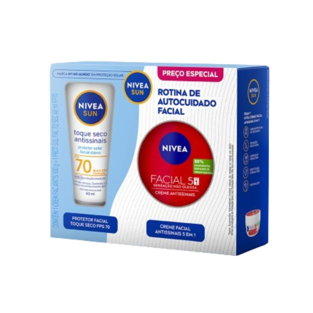 Kit Protetor Solar Facial Nivea Sun Antissinais FPS70 40ml 1 Unidade + Creme Facial Antissinais Nivea 5 em 1 100g 1 Unidade — Nivea | Farmácia Resyla