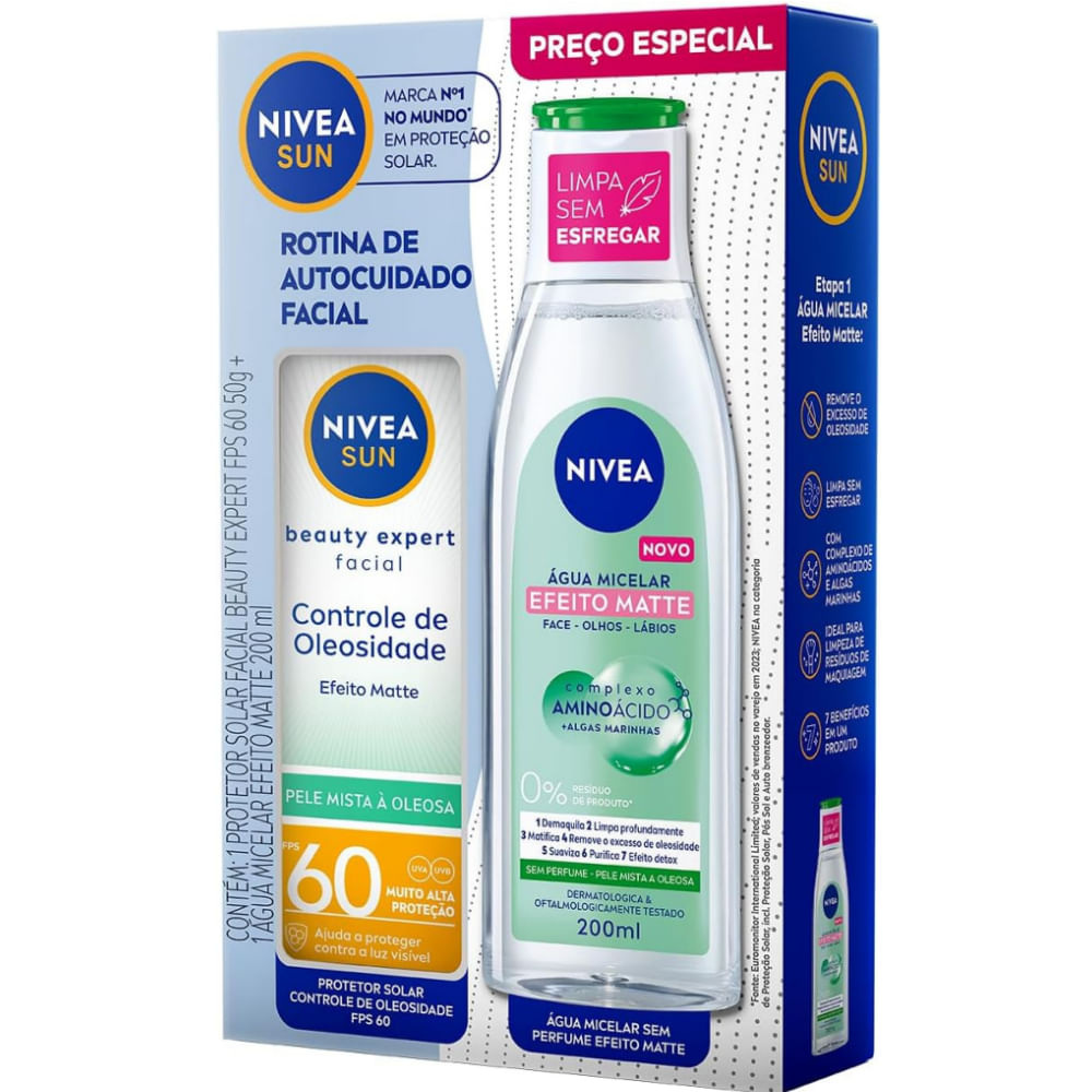 Kit Protetor Solar Facial Nivea Sun UV Face FPS60 Controle de Oleosidade Pele Mista a Oleosa 50g 1 Unidade + Água Micelar Efeito Matte 200ml 1 Unidade — Nivea | Farmácia Resyla