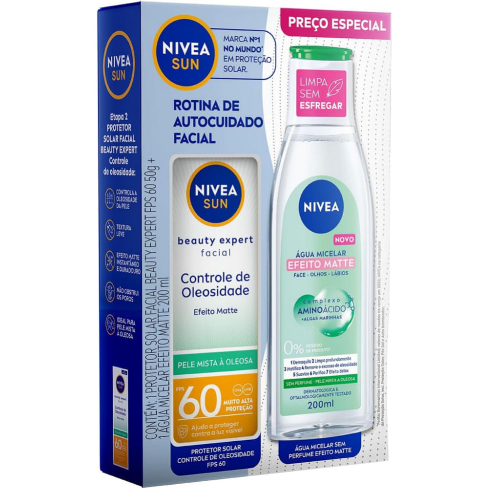 Kit Protetor Solar Facial Nivea Sun UV Face FPS60 Controle de Oleosidade Pele Mista a Oleosa 50g 1 Unidade + Água Micelar Efeito Matte 200ml 1 Unidade — imagem 2 | Farmácia Resyla