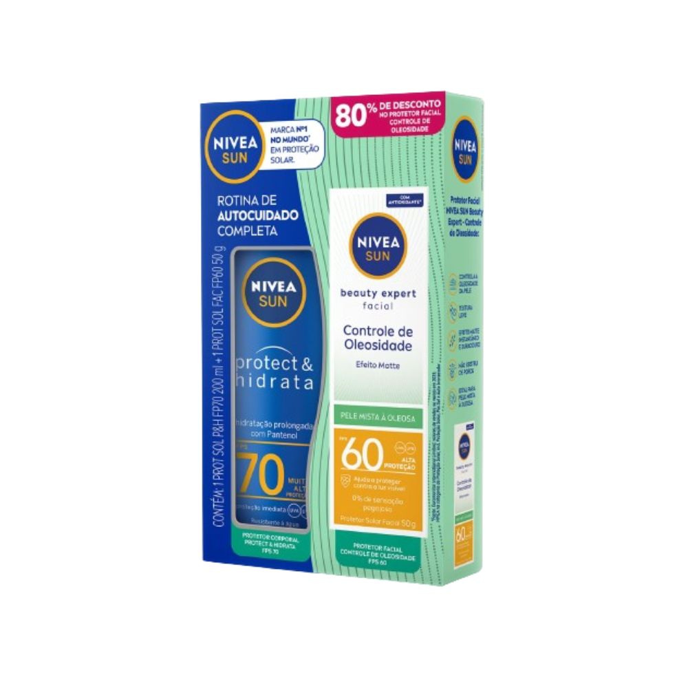 Kit Protetor Solar Nivea Sun FPS70 200ml 1 Uni + Protetor Solar Facial Nivea Beauty Expert Controle de Oleosidade FPS60 50g 1 Uni — Nivea | Farmácia Resyla
