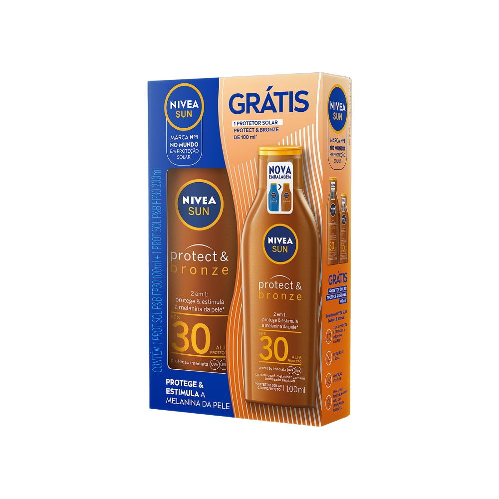 Kit Protetor Solar Nivea Sun Protect & Bronze FPS30 200ml 1 Unidade + Protetor Solar Nivea Sun Protect & Bronze FPS30 100ml 1 Unidade — Nivea | Farmácia Resyla