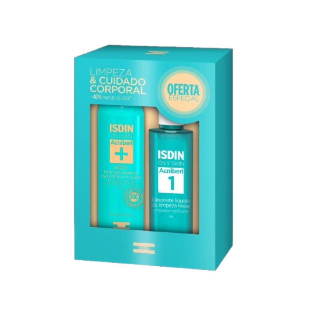 Kit Sabonete Líquido Facial ISDIN Oily Skin Acniben 208g 1 Uni + Spray Corporal Antiacne ISDIN Oily Skin Acniben+ 150ml 1 Uni — Isdin | Farmácia Resyla
