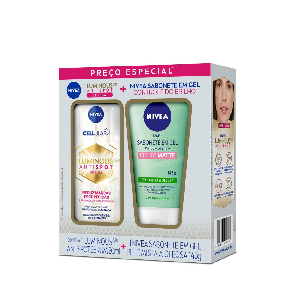 Kit Sérum Intensivo Nivea Cellular Luminous 630 Antispot 30ml 1 Unidade + Sabonete Facial Nivea Efeito Matte Algas Marinhas Gel 145g 1 Unidade — Nivea | Farmácia Resyla