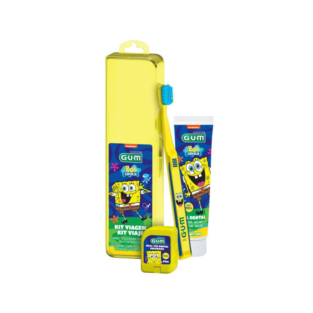 Kit Viagem Bob Esponja Escova Dental Infantil GUM Macia 1 Uni + 1 Fio Dental Sabor Menta 20m 1 Uni + 1 Gel Dental Flúor Sabor Menta 50g 1 Uni — Gum | Farmácia Resyla