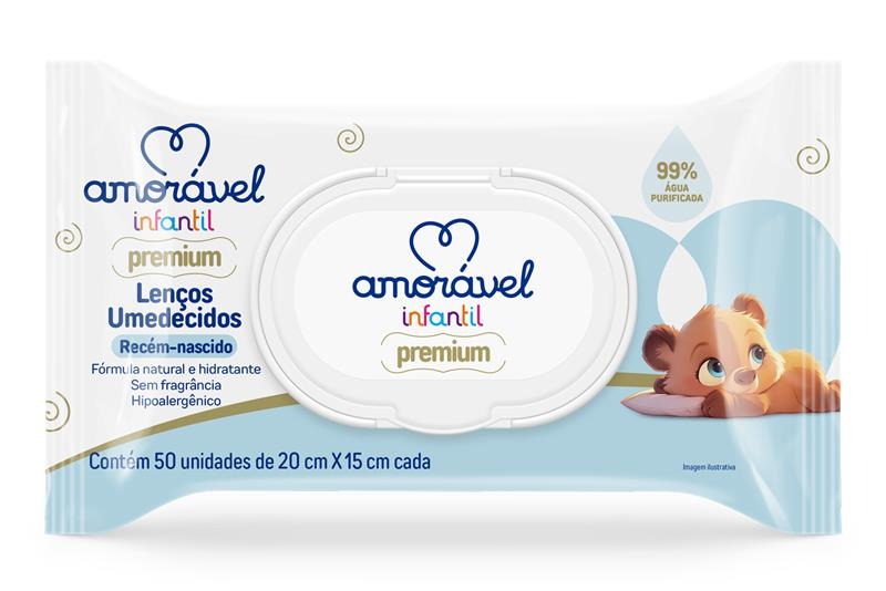 Lenço Umedecido Infantil Amorável 99% Água Com 50 Unidades — Amoravel | Farmácia Resyla