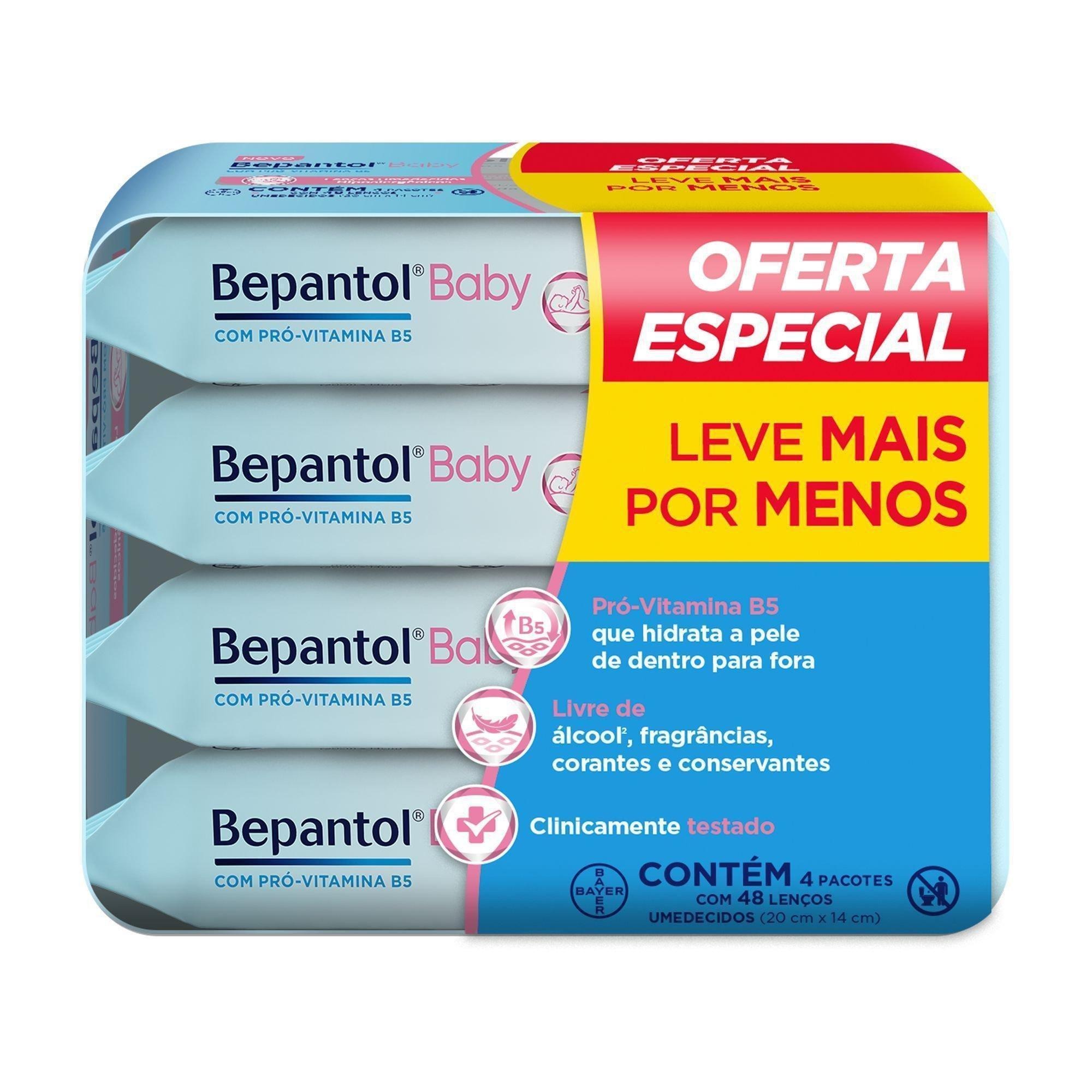 Lenços Umedecidos Bepantol Baby Sem Fragrância Hipoalergênico com Pró-Vitamina B5 48 Unidades 4 pacotes Leve 4 Pague 3 — Bepantol | Farmácia Resyla