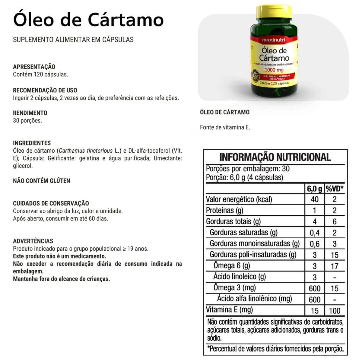 OLEO DE CARTAMO 1000MG 120CP - MAXINUTRI — imagem 2 | Farmácia Resyla