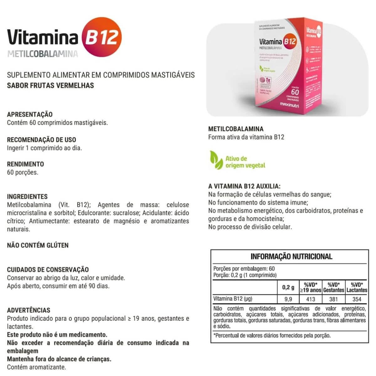 VITAMINA B12 MASTIGÁVEL 60CP - MAXINUTRI — imagem 3 | Farmácia Resyla