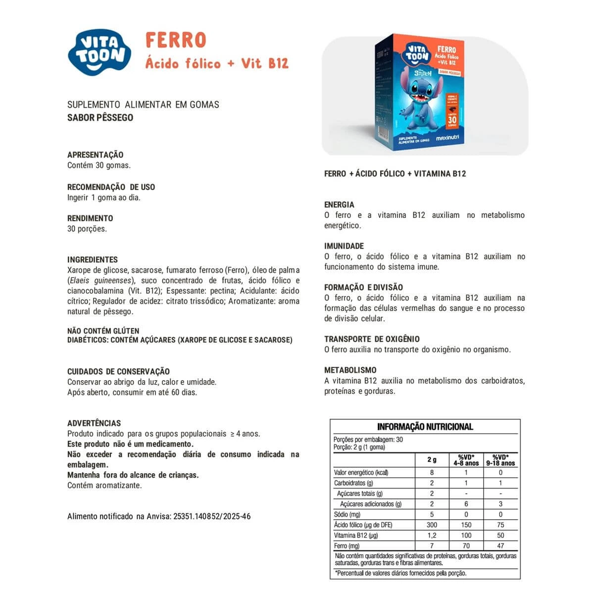 VITATOON STITCH FERRO PESSEGO 30GOMAS - MAXINUTRI — imagem 3 | Farmácia Resyla