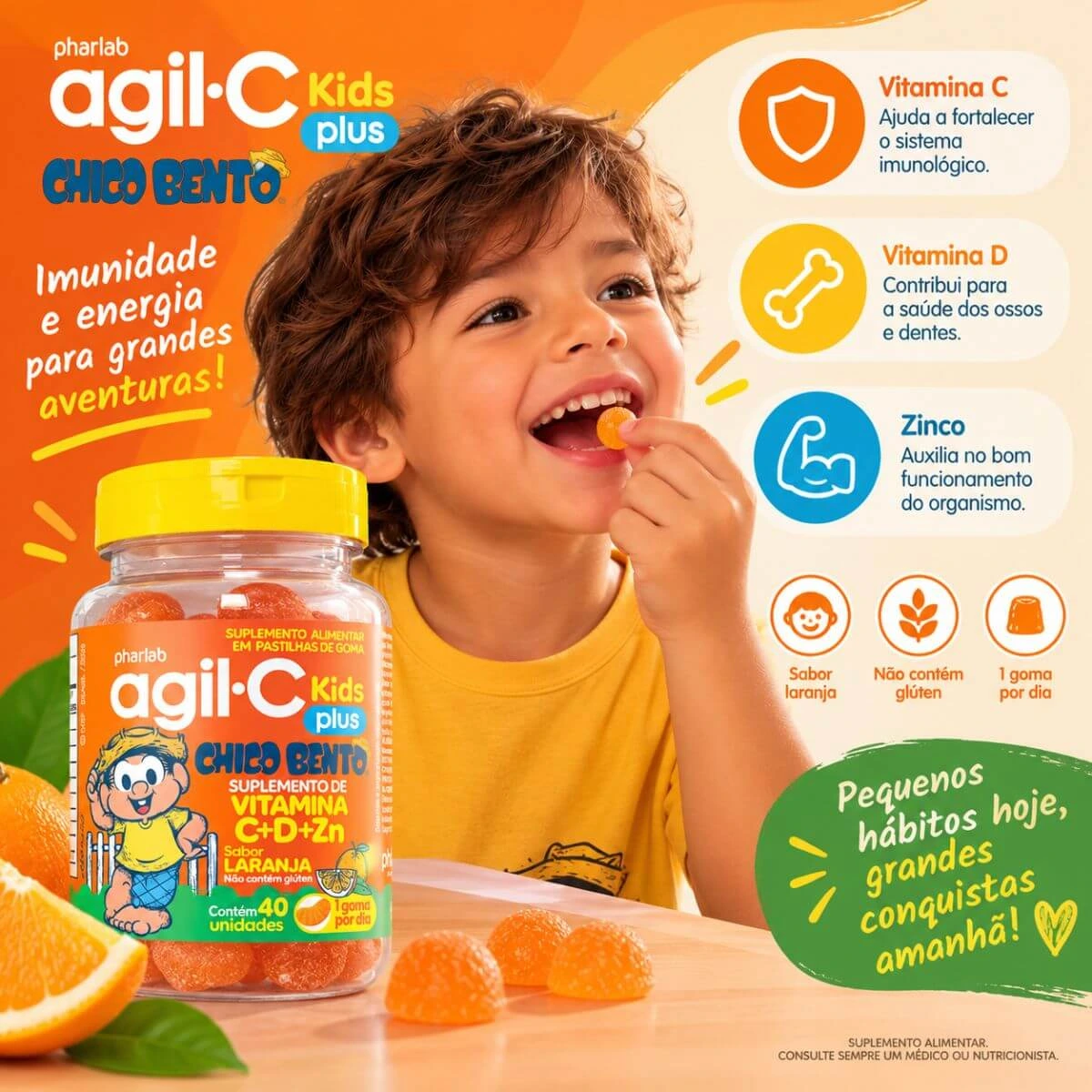 AGIL-C KIDS PLUS VIT. C D E ZINCO LARANJA 40 GOMAS - PHARLAB — imagem 3 | Farmácia Resyla
