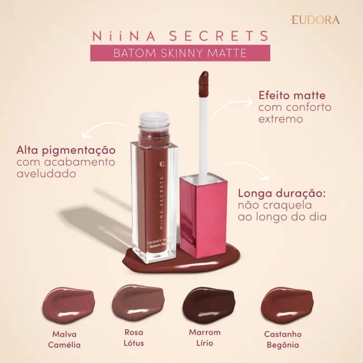 BATOM LÍQUIDO SKINNY MATTE NIINA SECRETS COR MALVA CAMELIA — imagem 3 | Farmácia Resyla